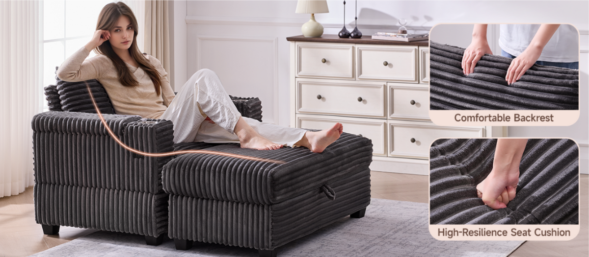 Oversized Corduroy Accent Chaise Chair with Ottoman
