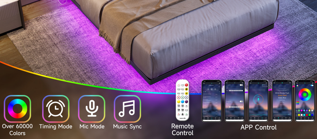 Floating Metal Platform Bed Frame with LED Lights
