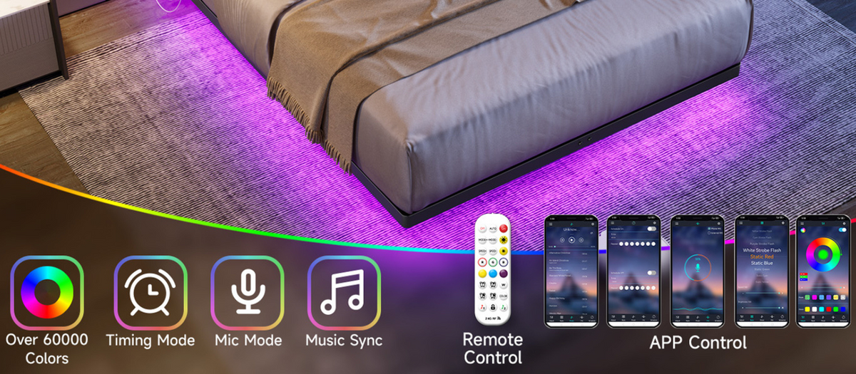 Floating Metal Platform Bed Frame with LED Lights
