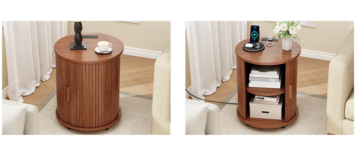 Round Nightstand Side Table with Sliding Tambour Door