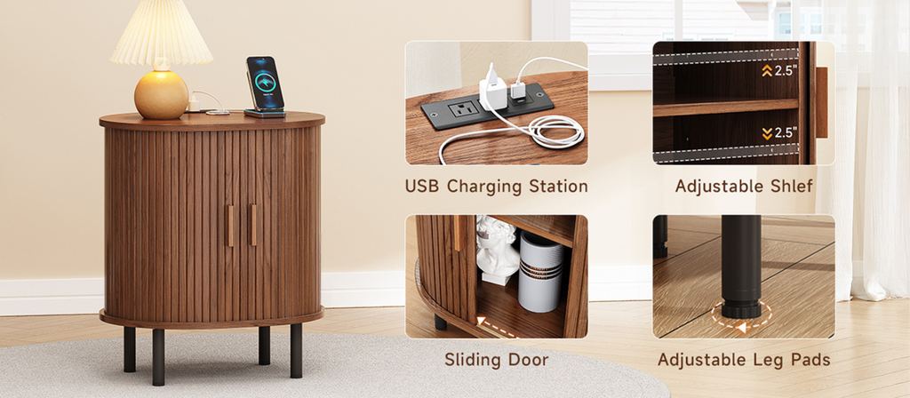 Side Table Nightstand with Charging Station