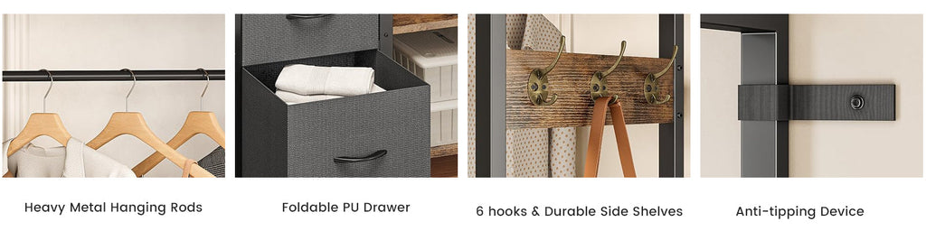Industrial Garment Rack with 3 Drawers and Shelves
