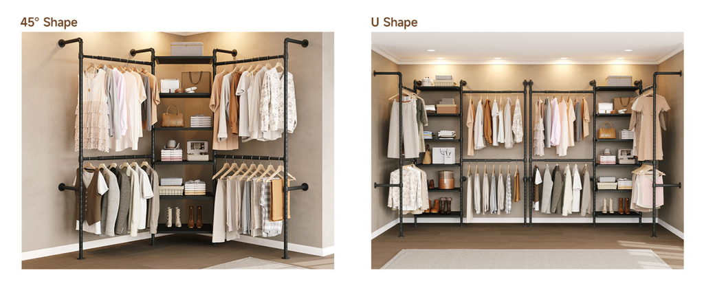 Wall Mounted Industrial Pipe Closet Organizer, 4 Rods