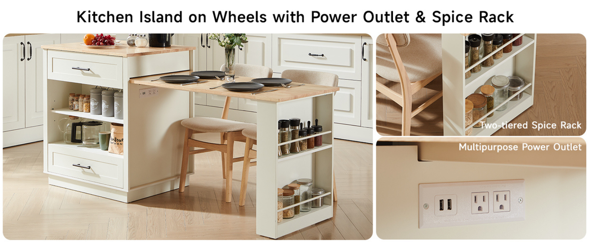 Kitchen Island with Extendable Table and Power Outlet