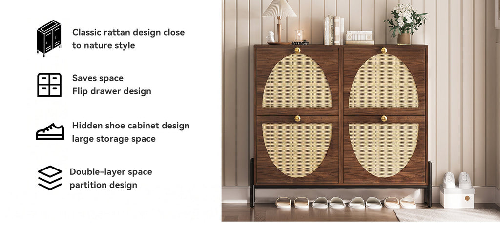 Shoe Storage Cabinet with 4 Rattan Flip Drawers