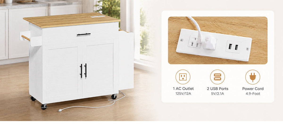 Rolling Kitchen Island with Drop Leaf and Outlet