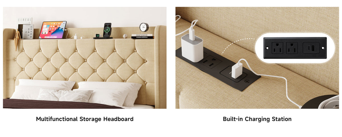 Wingback Linen Bed Frame with Storage Headboard