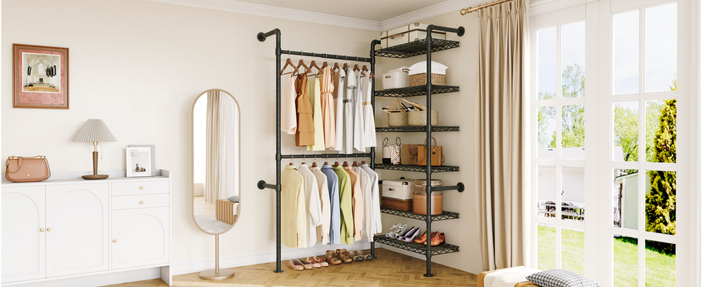 Industrial Pipe Wall Mounted Clothes Rack, 2 Rods 6 Shelves