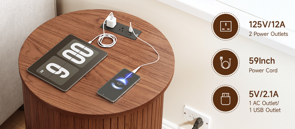 Round Nightstand Side Table with Sliding Tambour Door