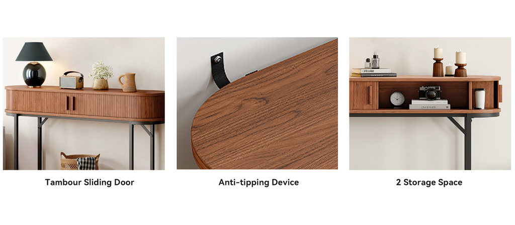 55-Inch Fluted Console Table with Sliding Tambour Doors