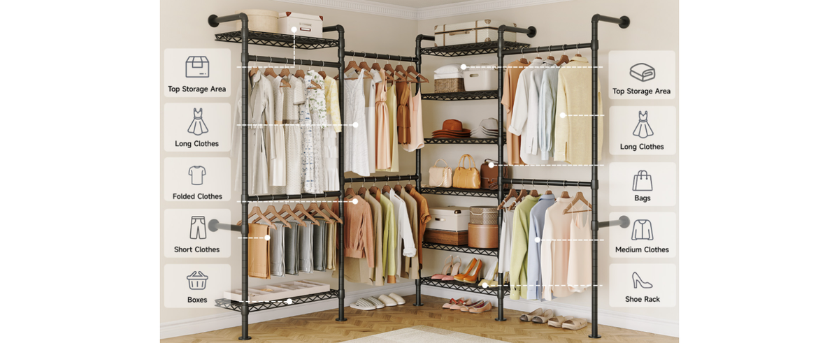 Wall Mounted Closet System with 4 Rods and 8 Shelves
