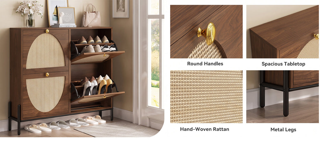 Shoe Storage Cabinet with 4 Rattan Flip Drawers