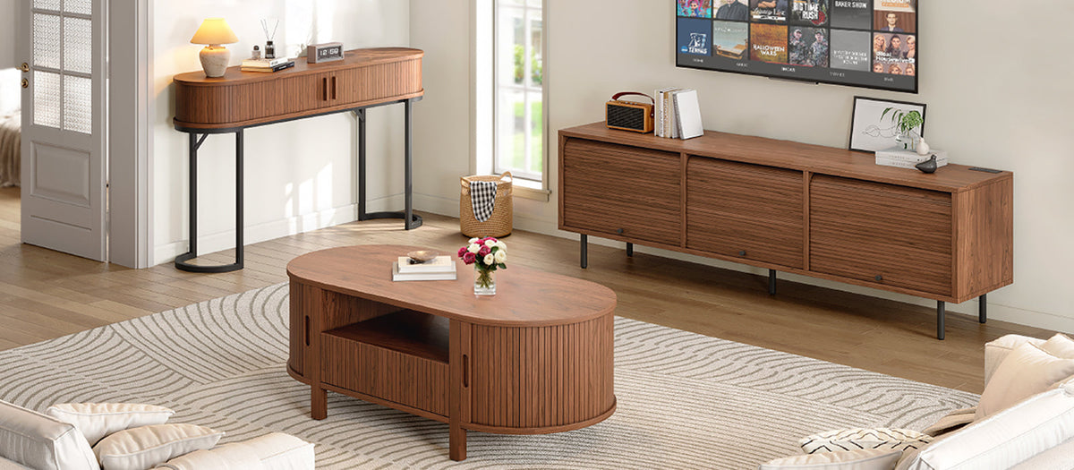 55-Inch Fluted Console Table with Sliding Tambour Doors