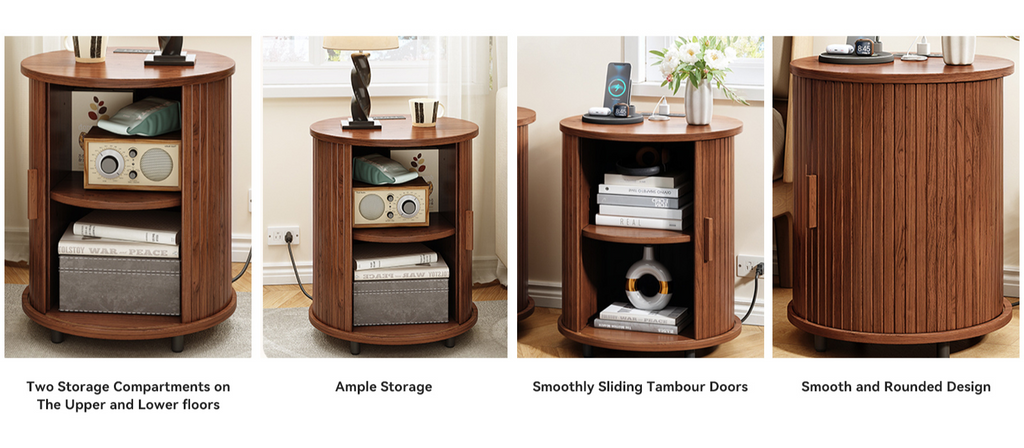 Round Nightstand Side Table with Sliding Tambour Door