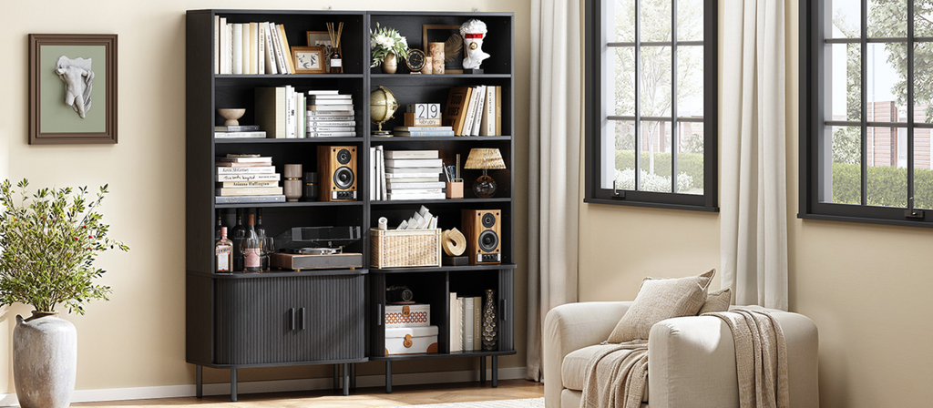 71 Inch 4-Tier Tall Bookcase with Sliding Door Cabinet
