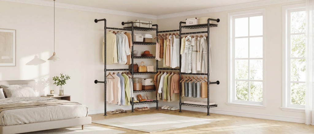 Wall Mounted Closet System with 4 Rods and 8 Shelves