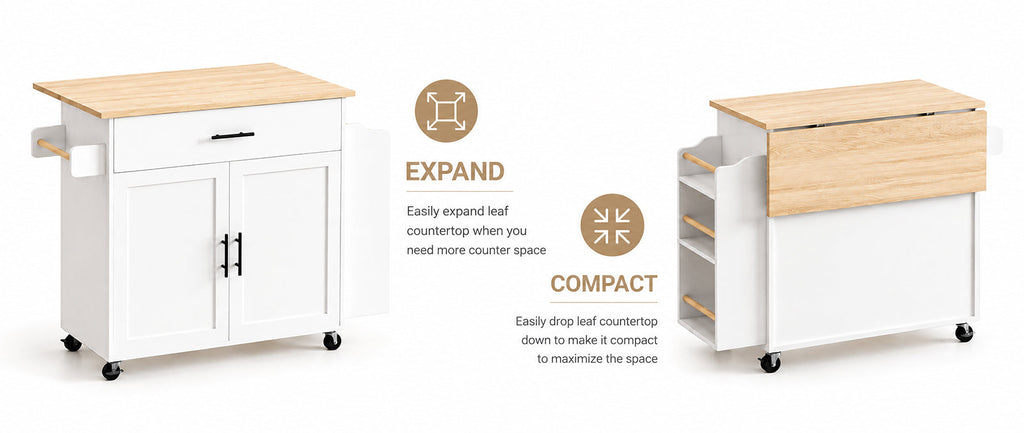 Rolling Kitchen Island with Drop Leaf and Outlet