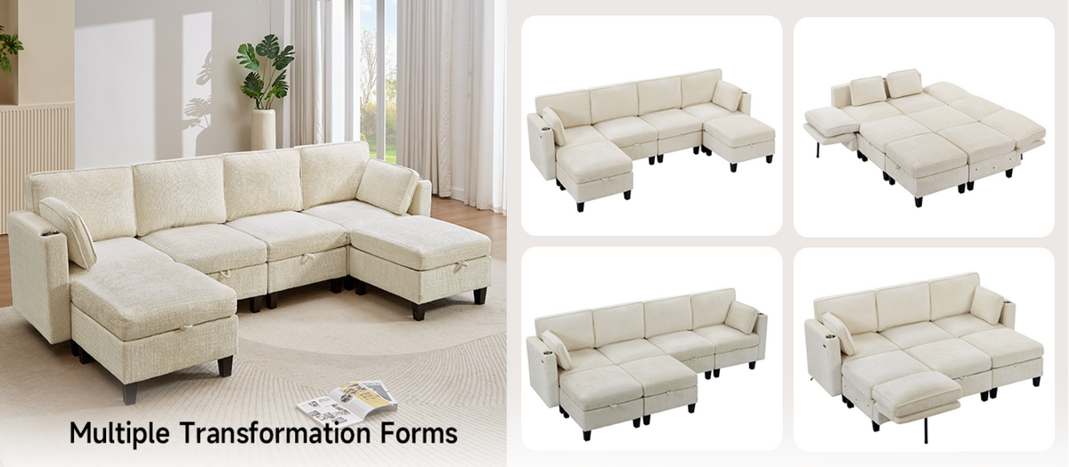 110 Inch U-Shaped Modular Chenille Sleeper Sectional