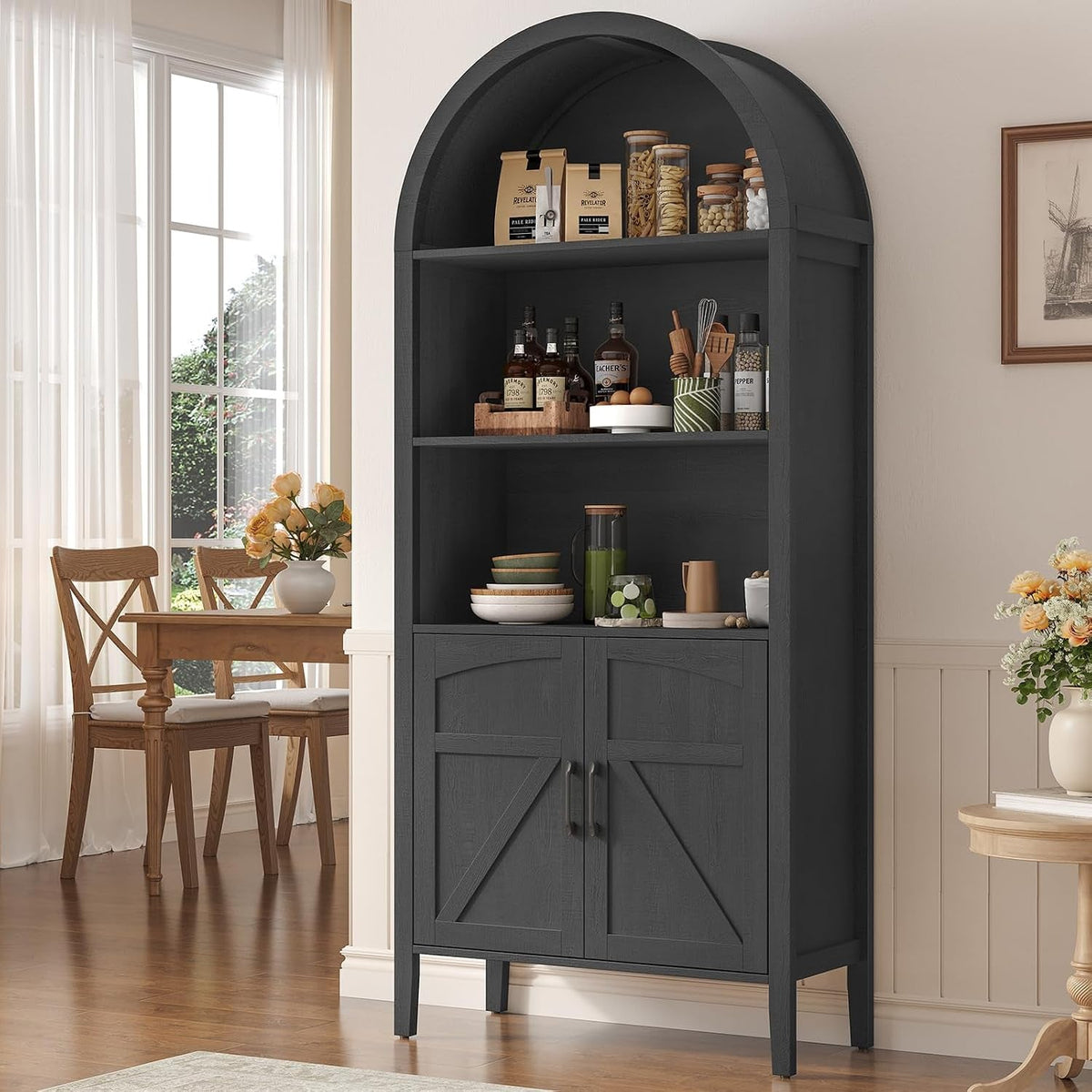 71 Inch Arched Farmhouse Bookcase, 5 Tiers
