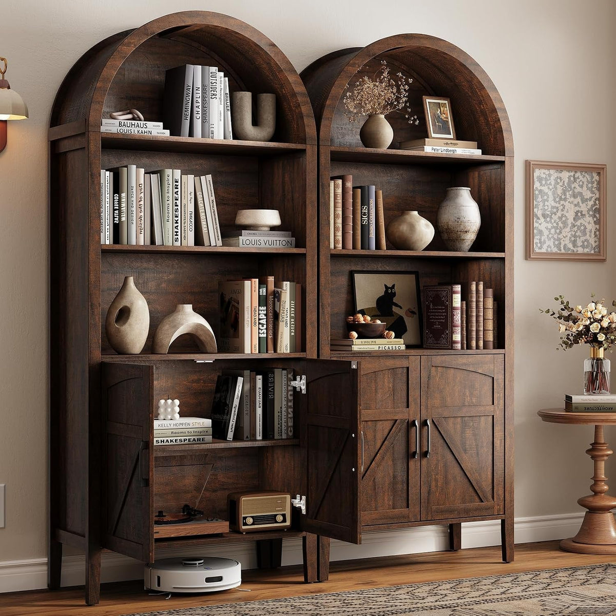 71 Inch Arched Farmhouse Bookcase, 5 Tiers