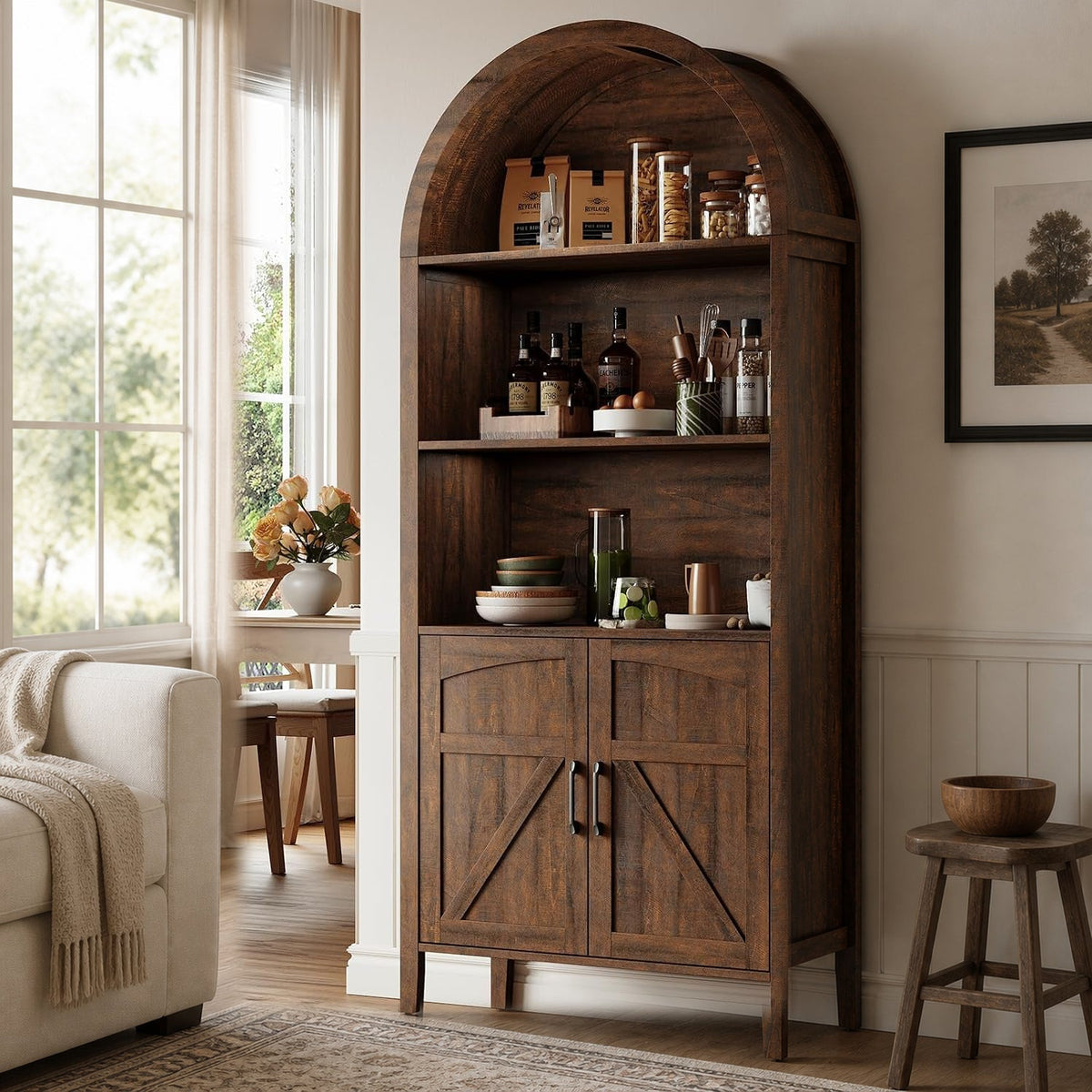 71 Inch Arched Farmhouse Bookcase, 5 Tiers