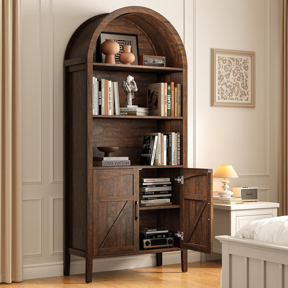 71 Inch Arched Farmhouse Bookcase, 5 Tiers