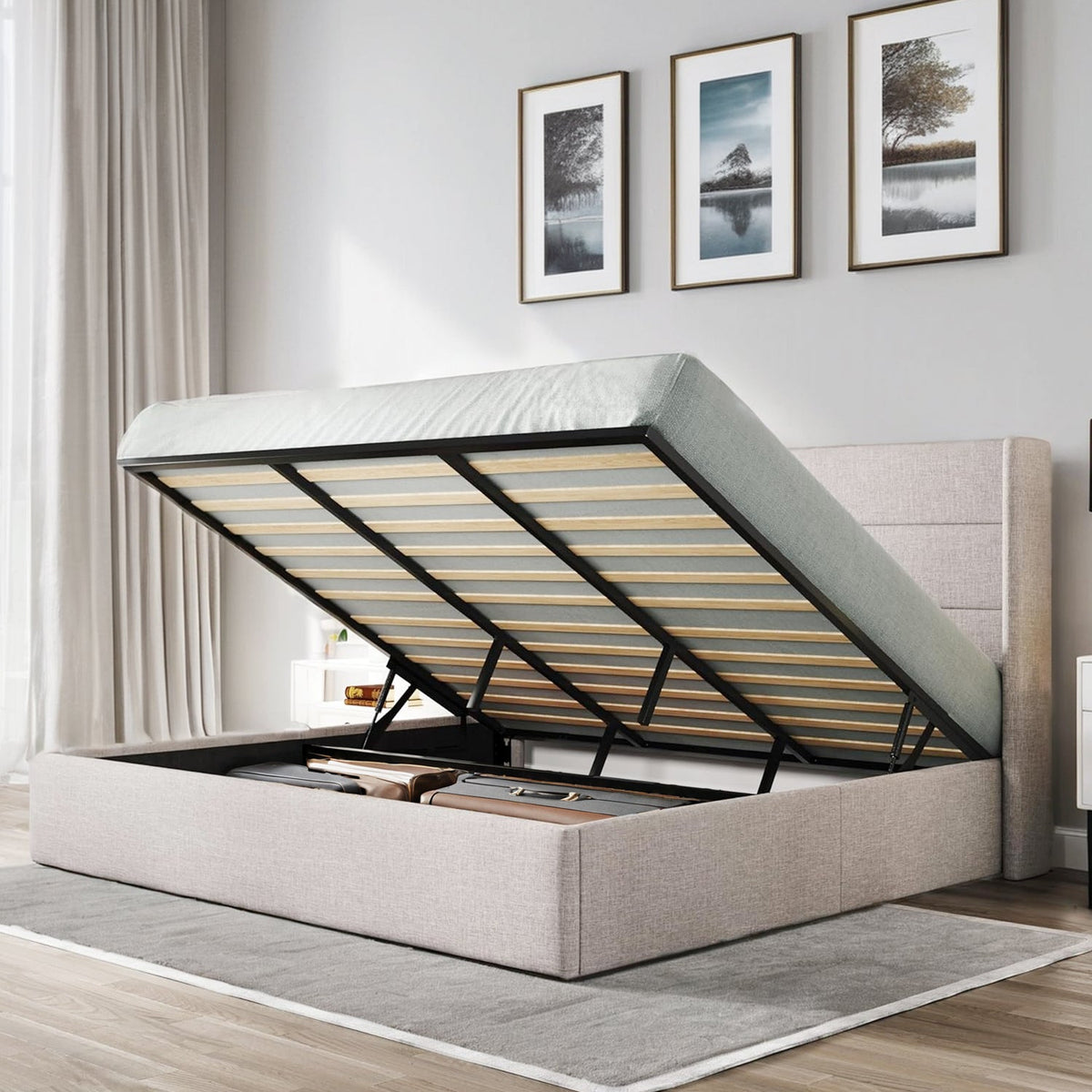 Lift Up Storage Bed Frame with Wingback Headboard