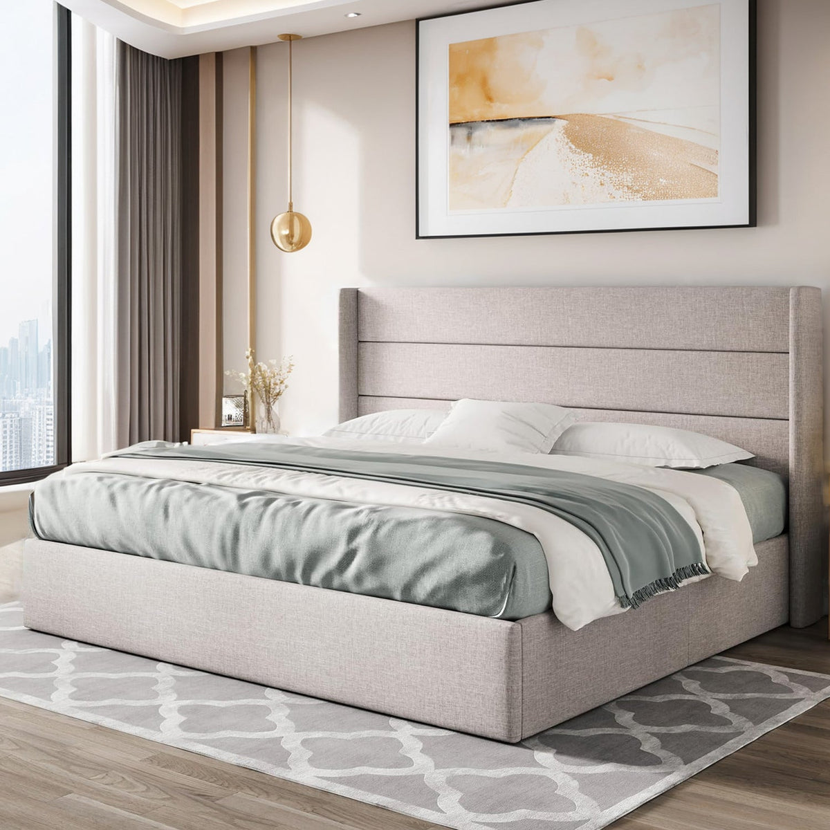 Lift Up Storage Bed Frame with Wingback Headboard