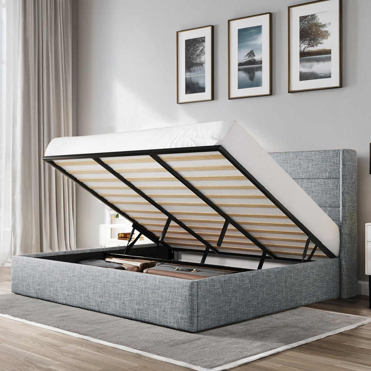 Lift Up Storage Bed Frame with Wingback Headboard