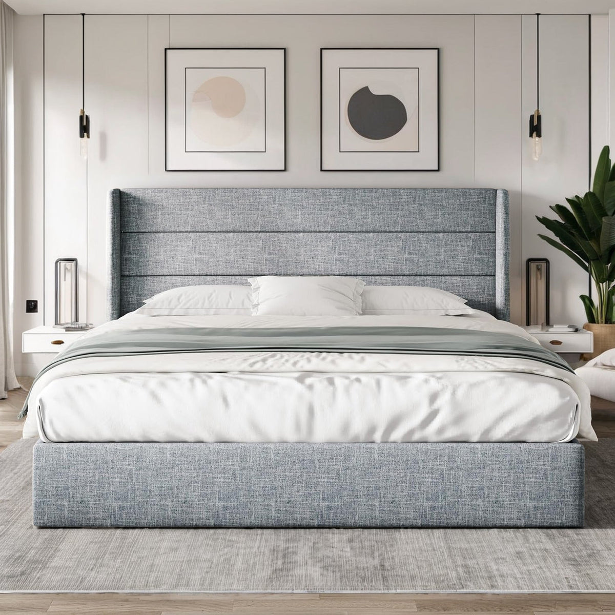 Lift Up Storage Bed Frame with Wingback Headboard