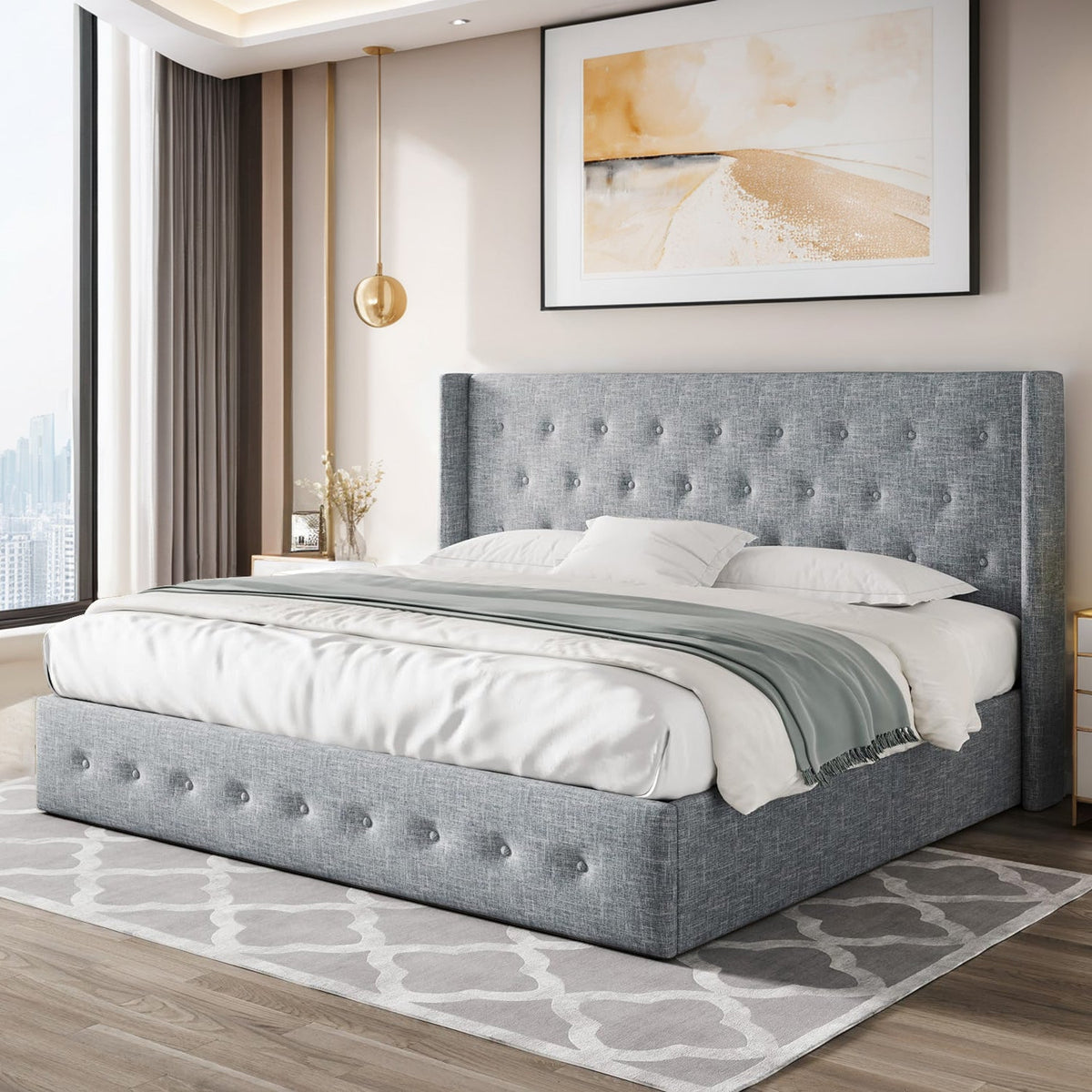 Lift Up Storage Bed with Tufted Button Headboard