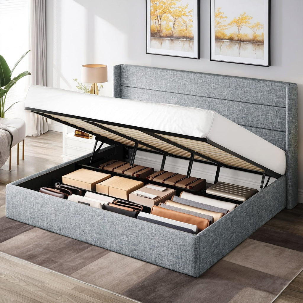 Lift Up Storage Bed Frame with Wingback Headboard