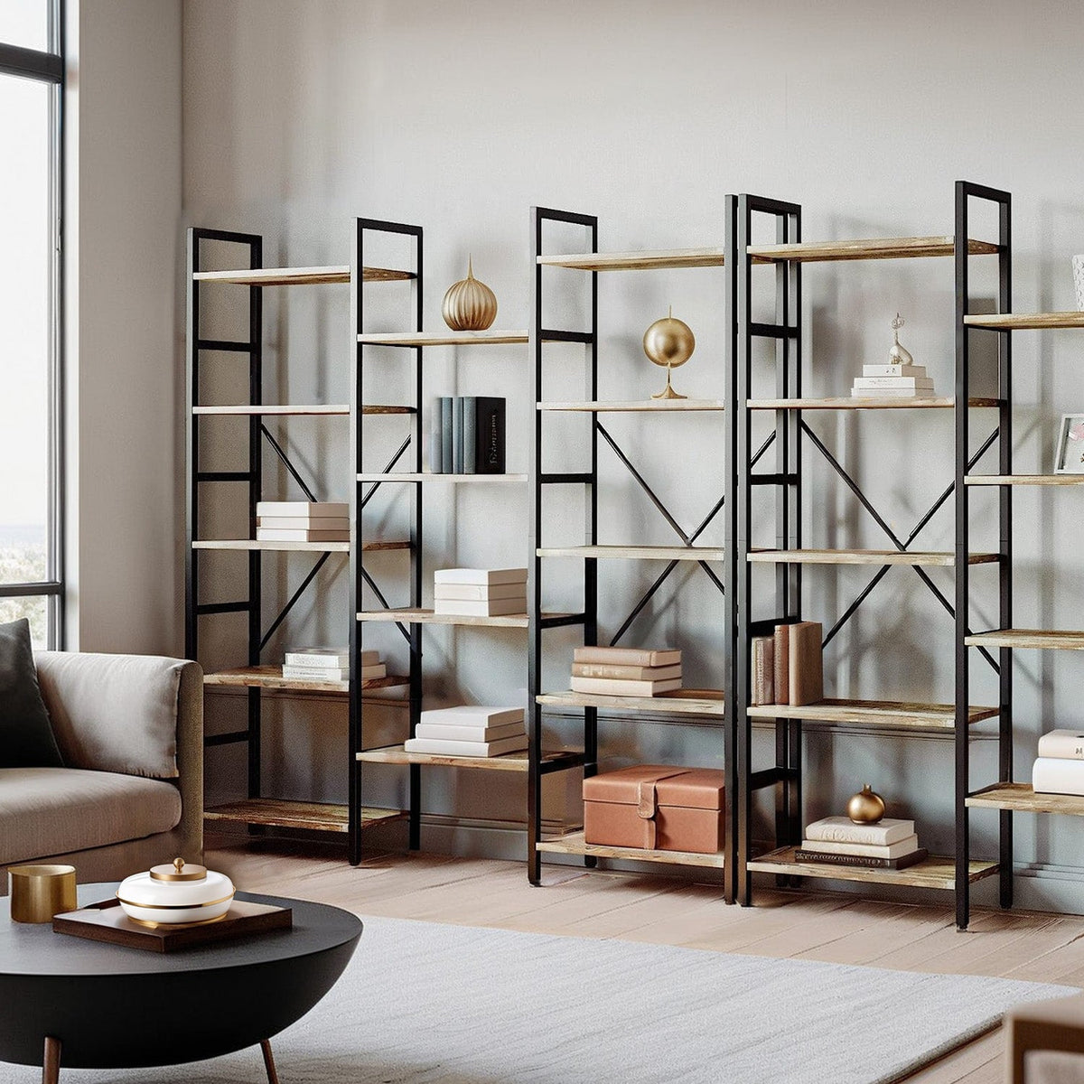 3 Wide 5-Tier Industrial Etagere Bookcase