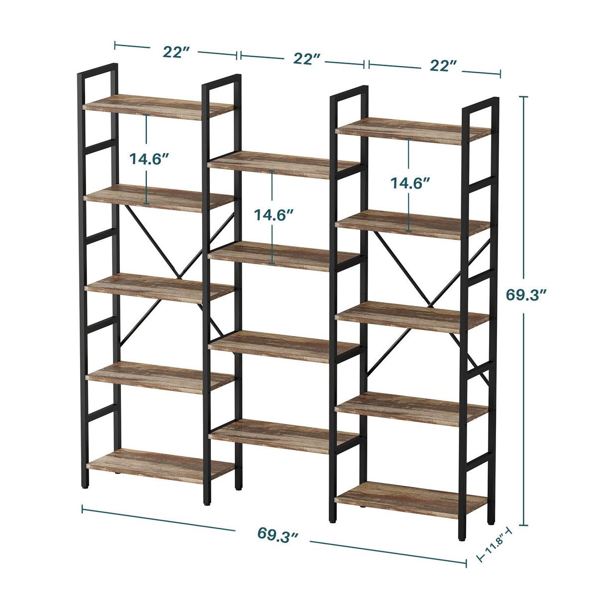 3 Wide 5-Tier Industrial Etagere Bookcase