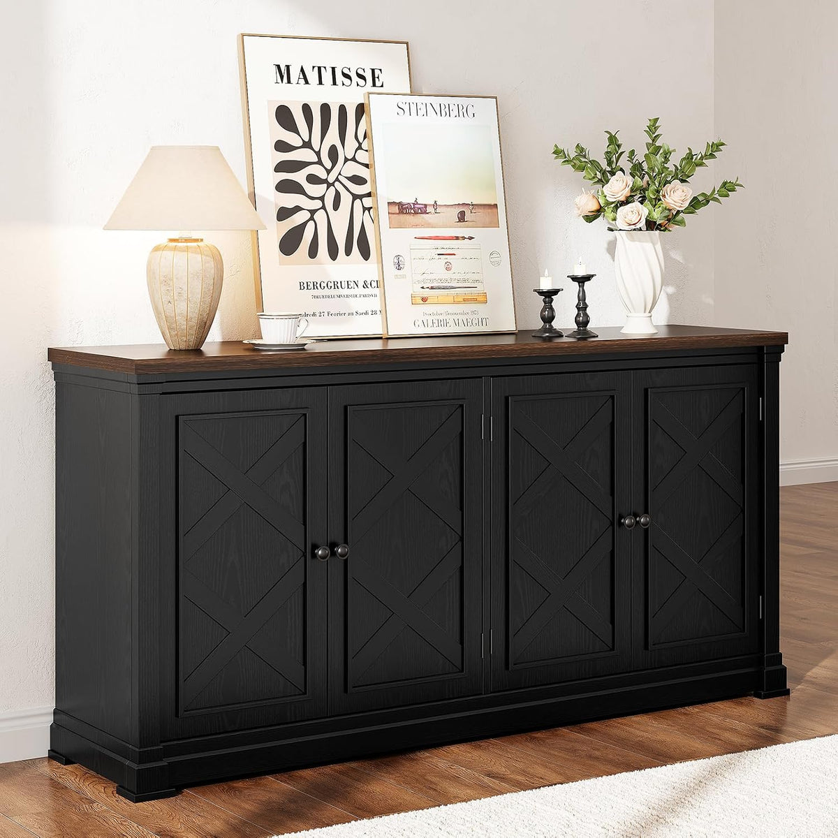 63 Inch Farmhouse Buffet Cabinet with 4 Barn Doors