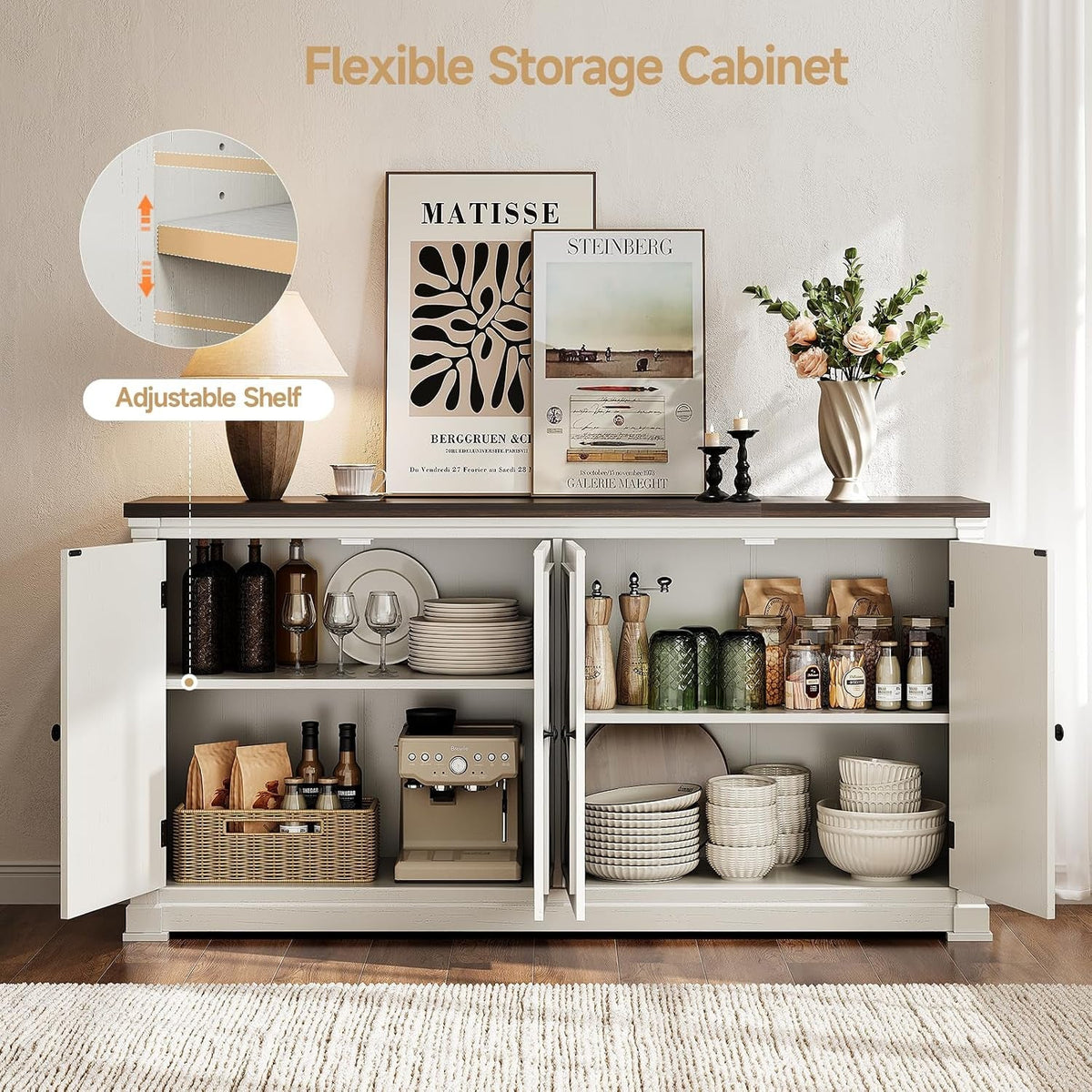 63 Inch Farmhouse Buffet Cabinet with 4 Barn Doors