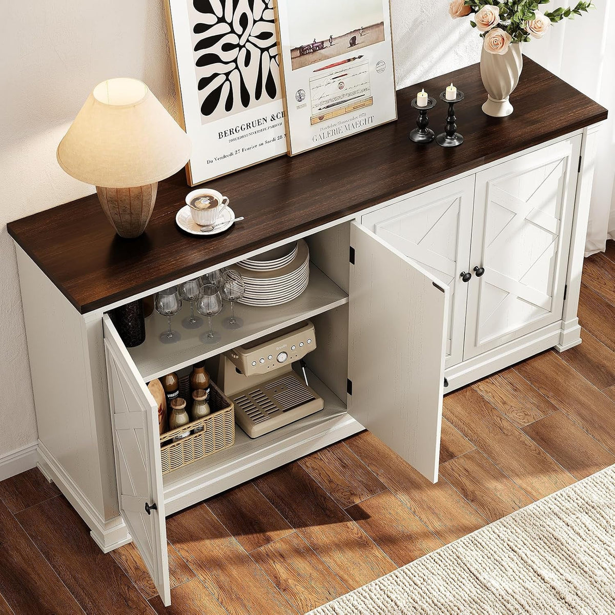 63 Inch Farmhouse Buffet Cabinet with 4 Barn Doors