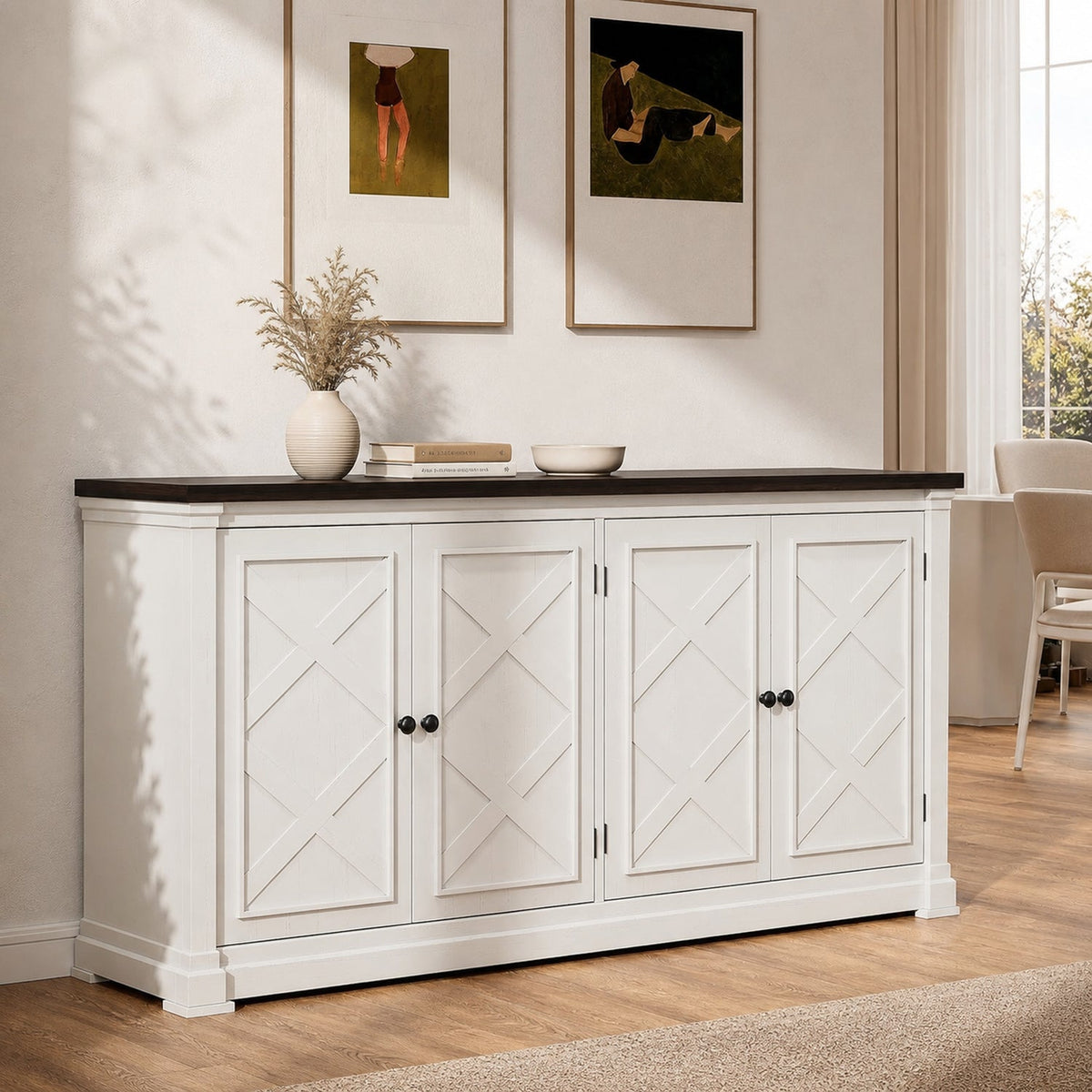 63 Inch Farmhouse Buffet Cabinet with 4 Barn Doors