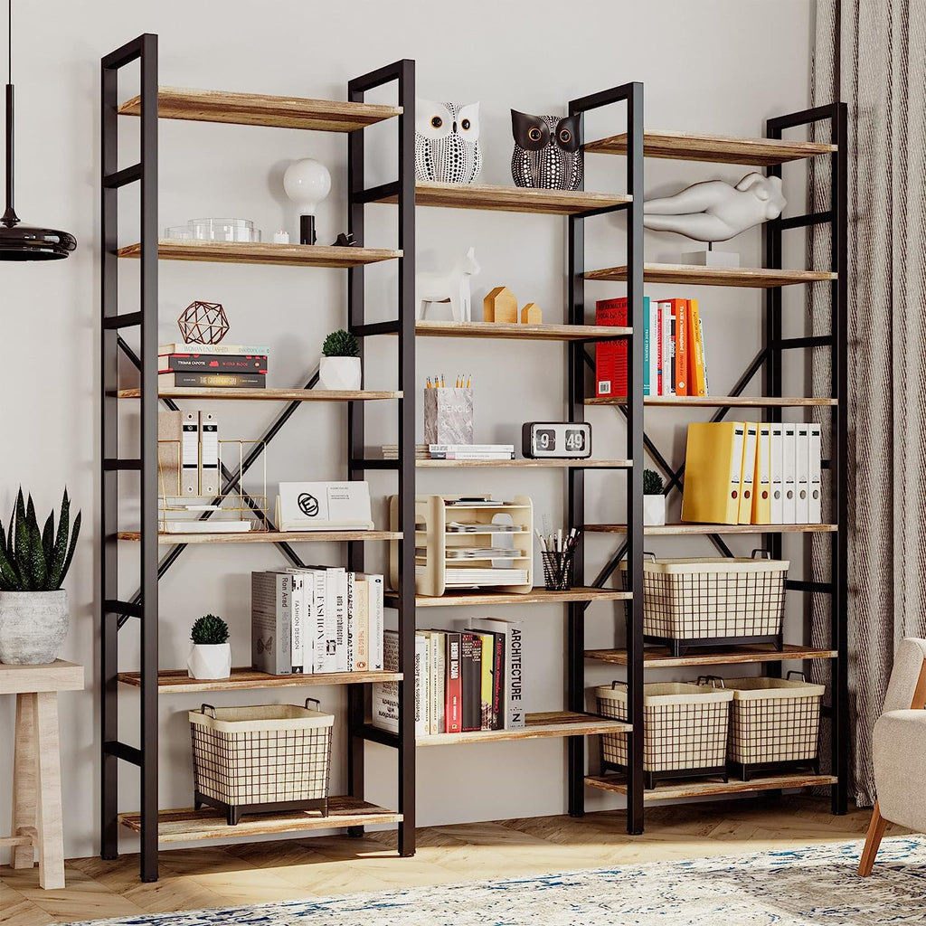 Triple Wide 6-Tier Industrial Bookshelf with Metal Frame