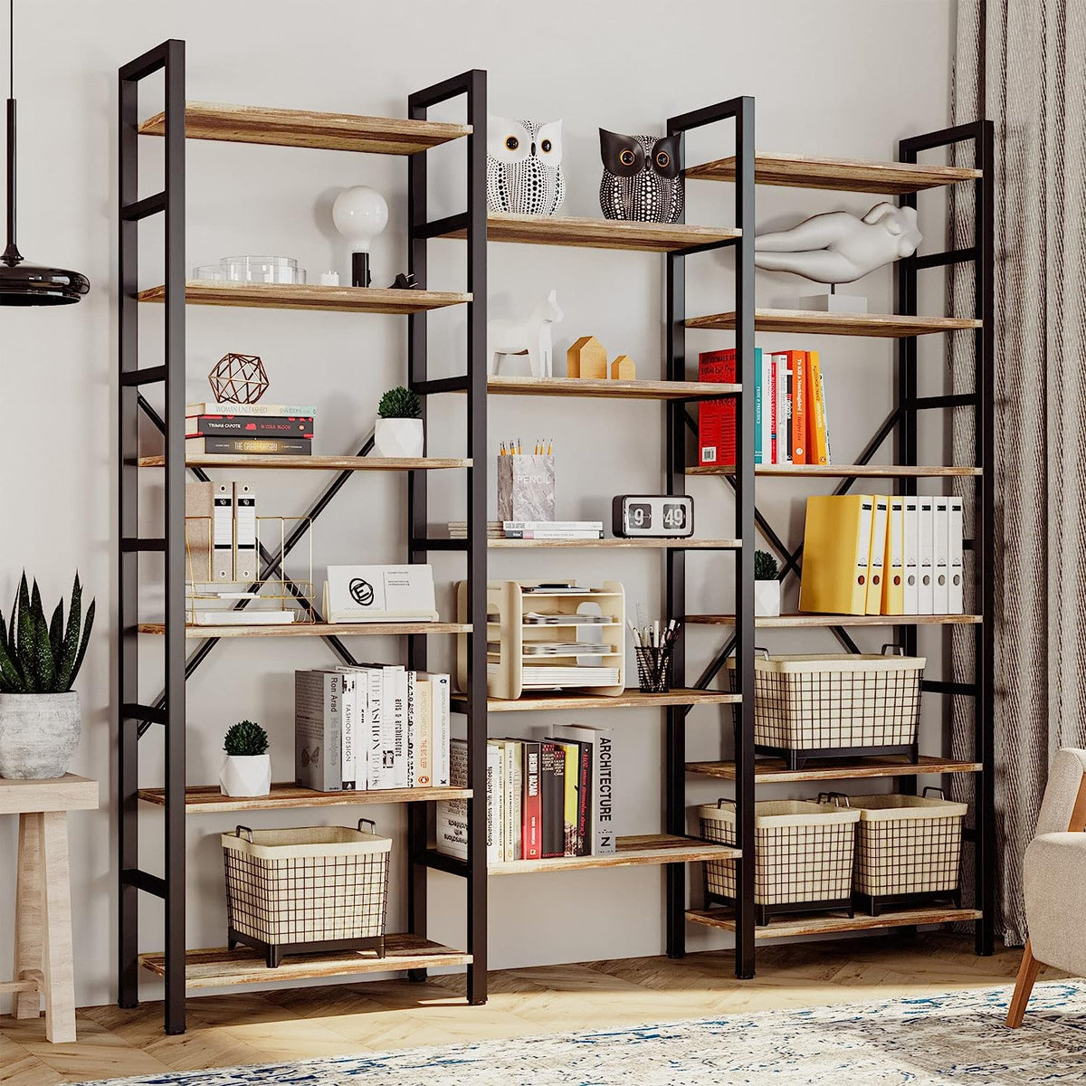 Triple Wide 6-Tier Industrial Bookshelf with Metal Frame
