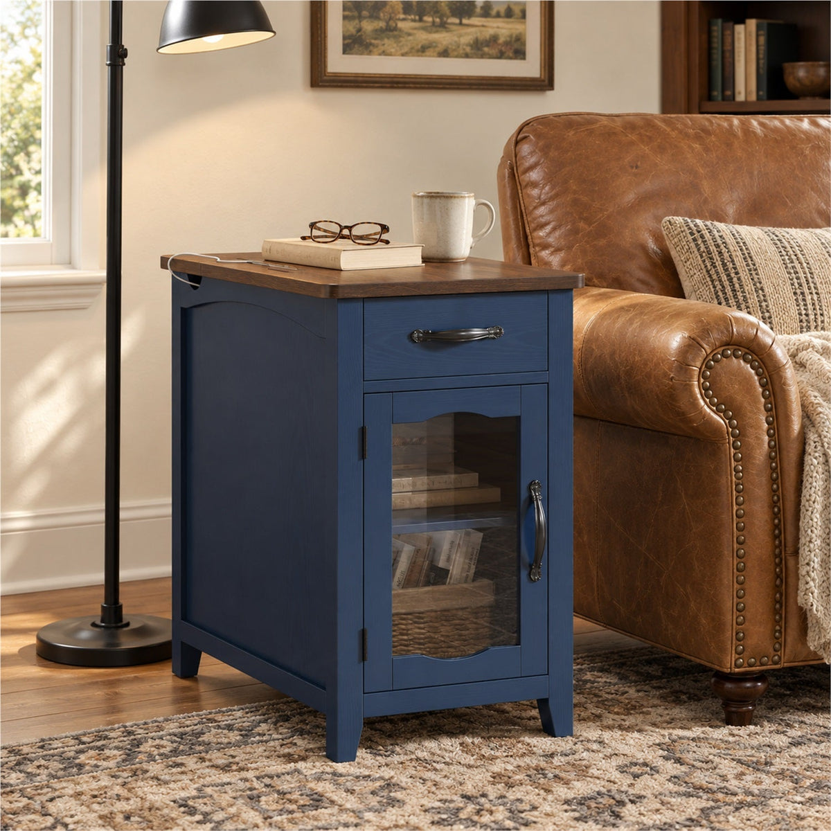 Narrow End Table with Charging Station and Drawer
