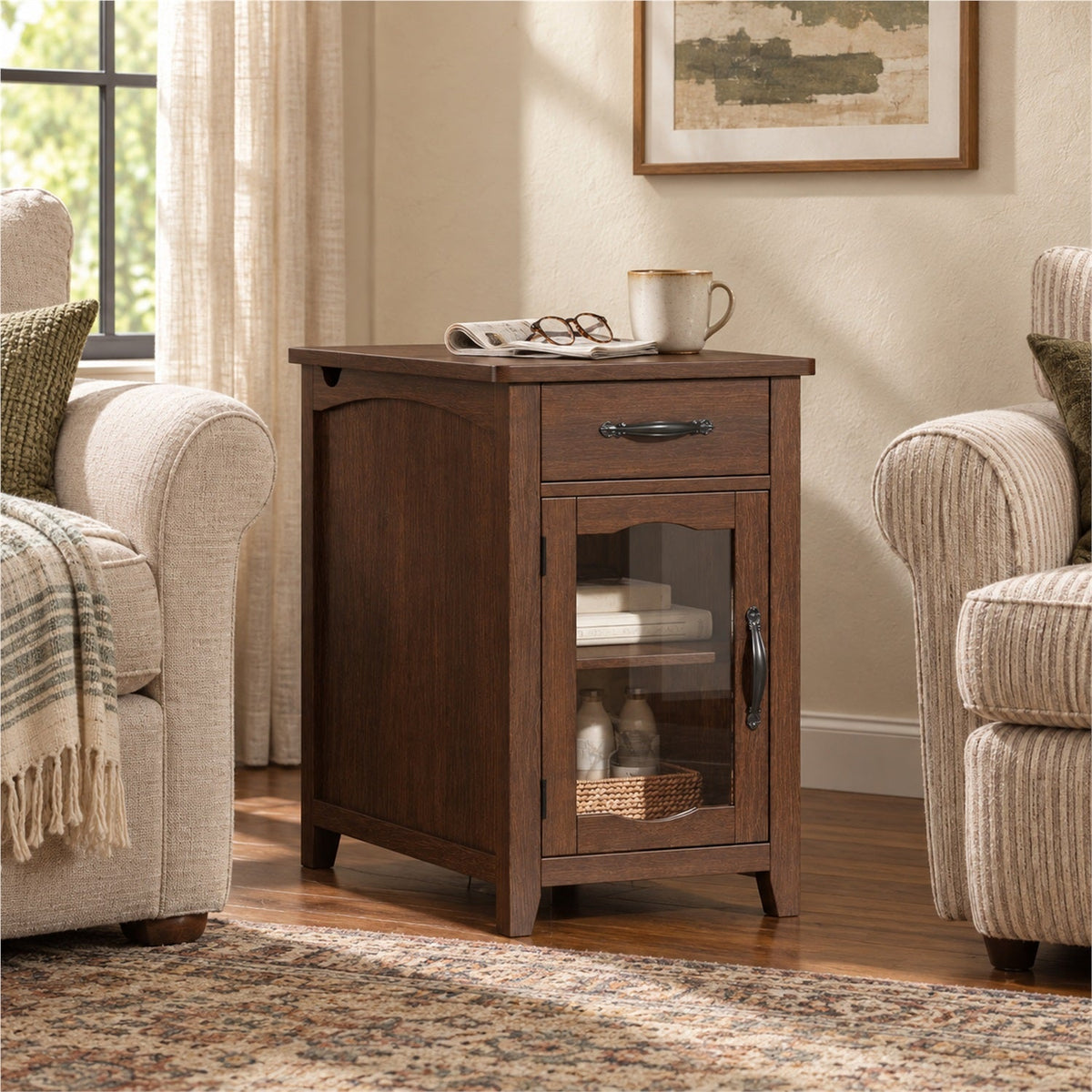 Narrow End Table with Charging Station and Drawer