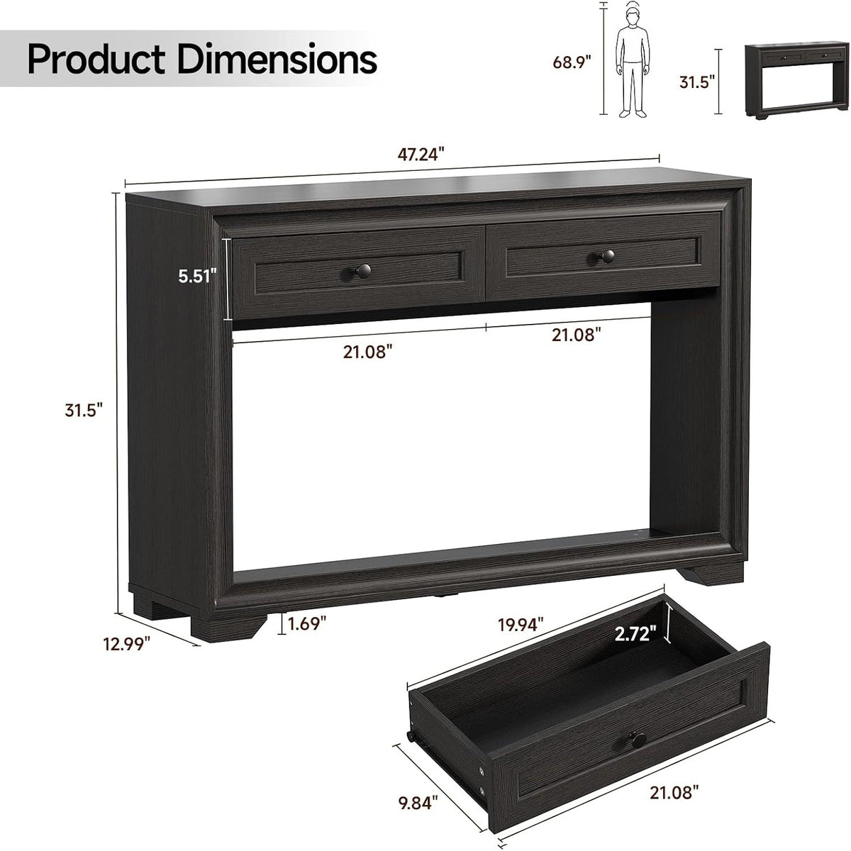 47 Inch Console Table with 2 Drawers and Shelf