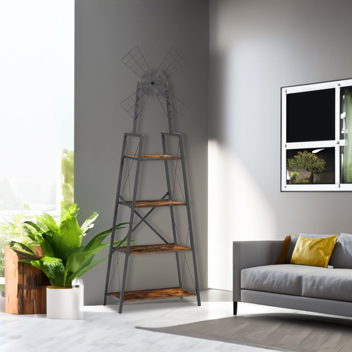 4-Tier Narrow Bookshelf, Rustic Brown and Black