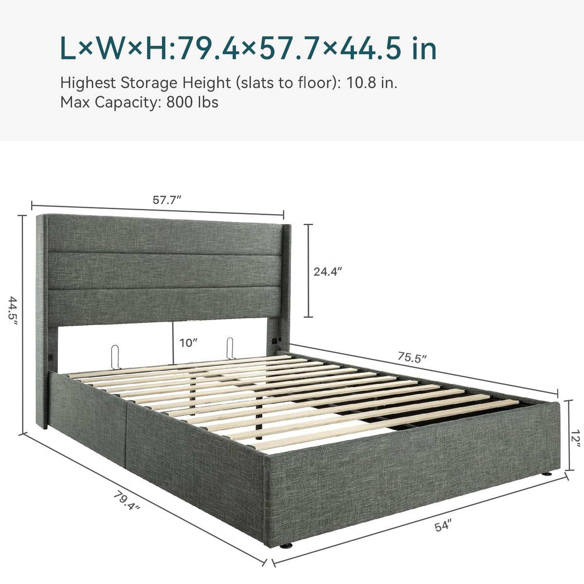 Lift Up Storage Bed Frame with Wingback Headboard