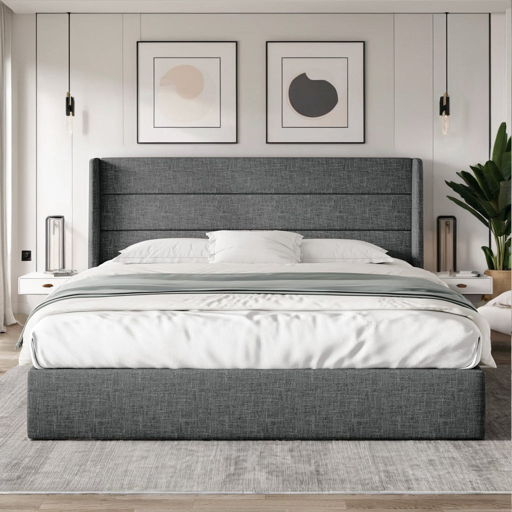 Lift Up Storage Bed Frame with Wingback Headboard