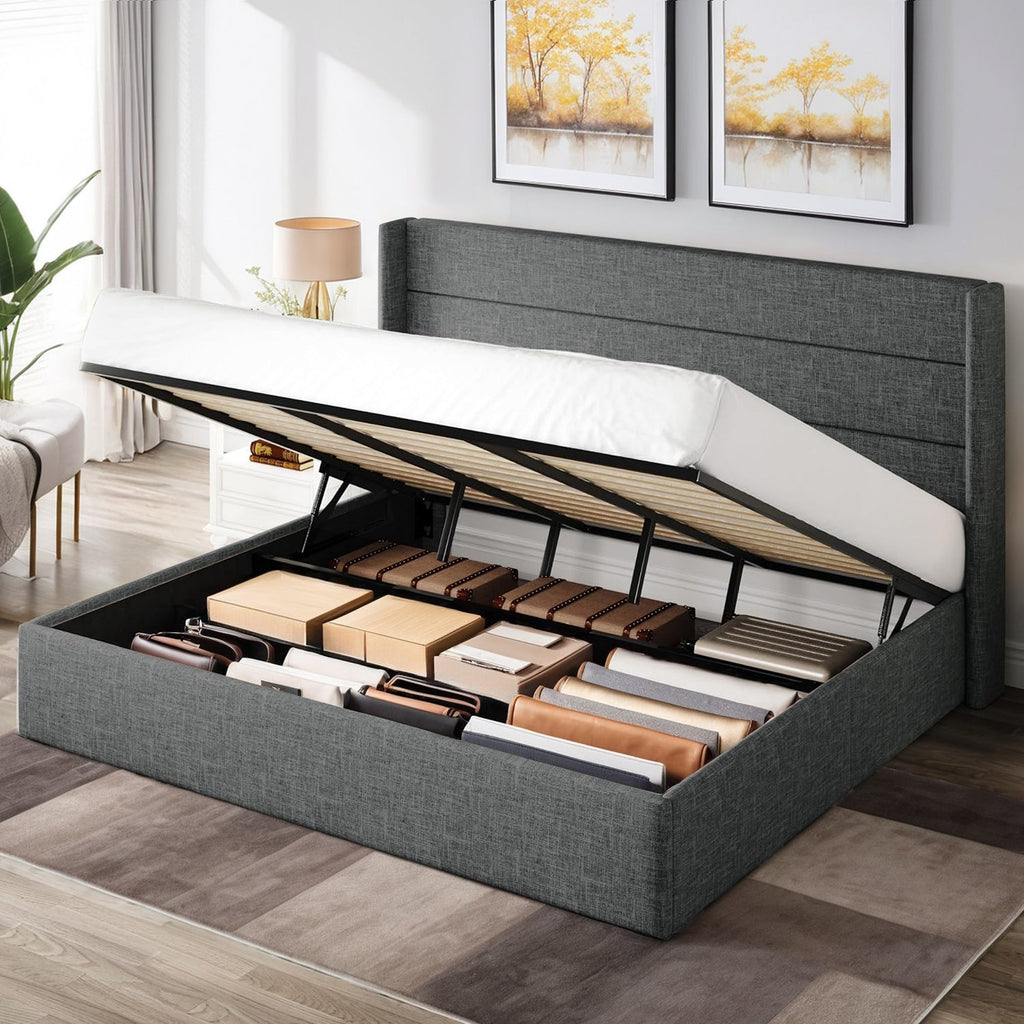 Lift Up Storage Bed Frame with Wingback Headboard