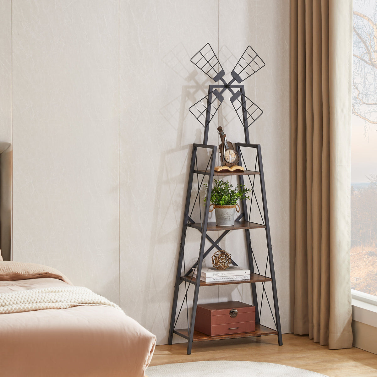 4-Tier Narrow Bookshelf, Rustic Brown and Black