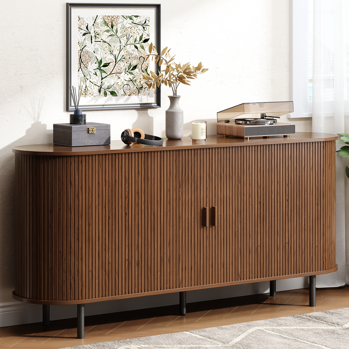 63 Inch Fluted Buffet Sideboard Coffee Bar Cabinet