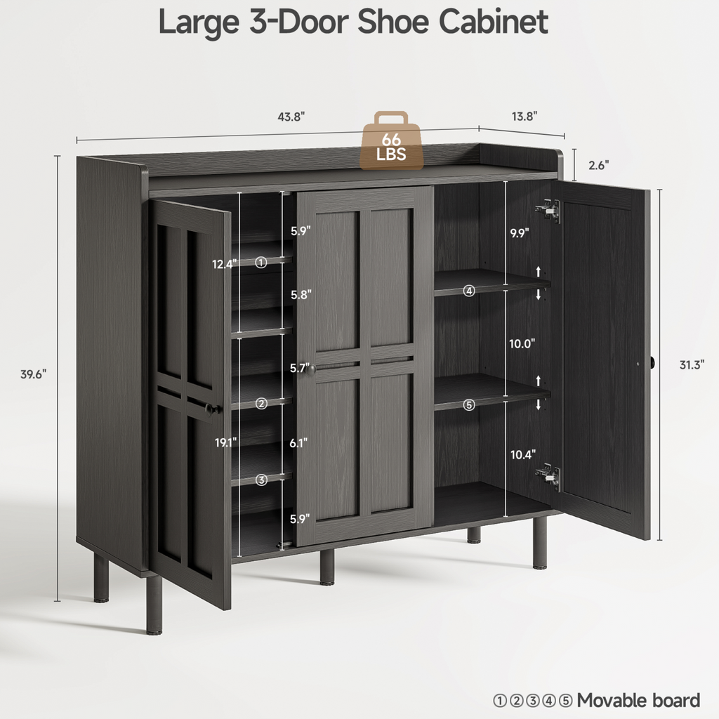 Freestanding Shoe Cabinet with 3 Doors and Shelves